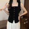 French Retro Solid Color Square Neck Single-Breasted Sleeveless Slim Knitted Vest For Women