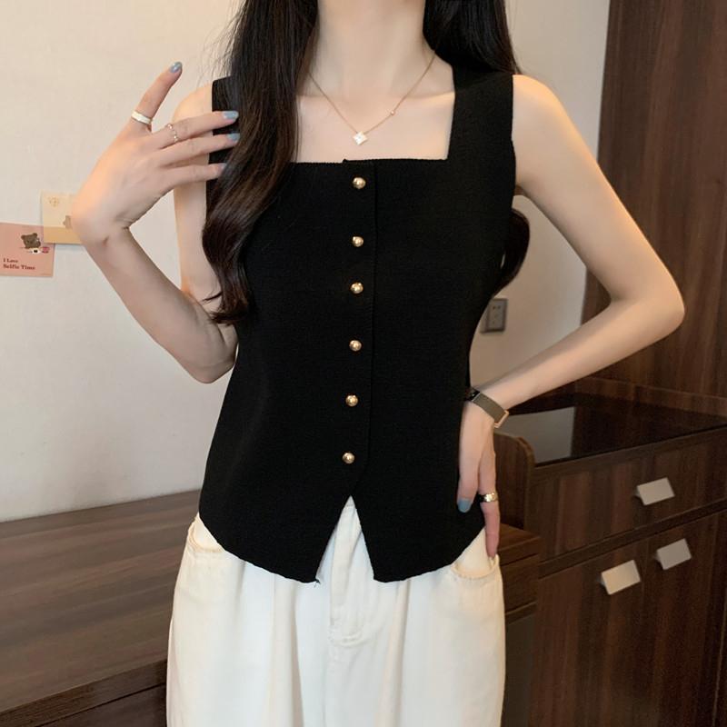 French Retro Solid Color Square Neck Single-Breasted Sleeveless Slim Knitted Vest For Women