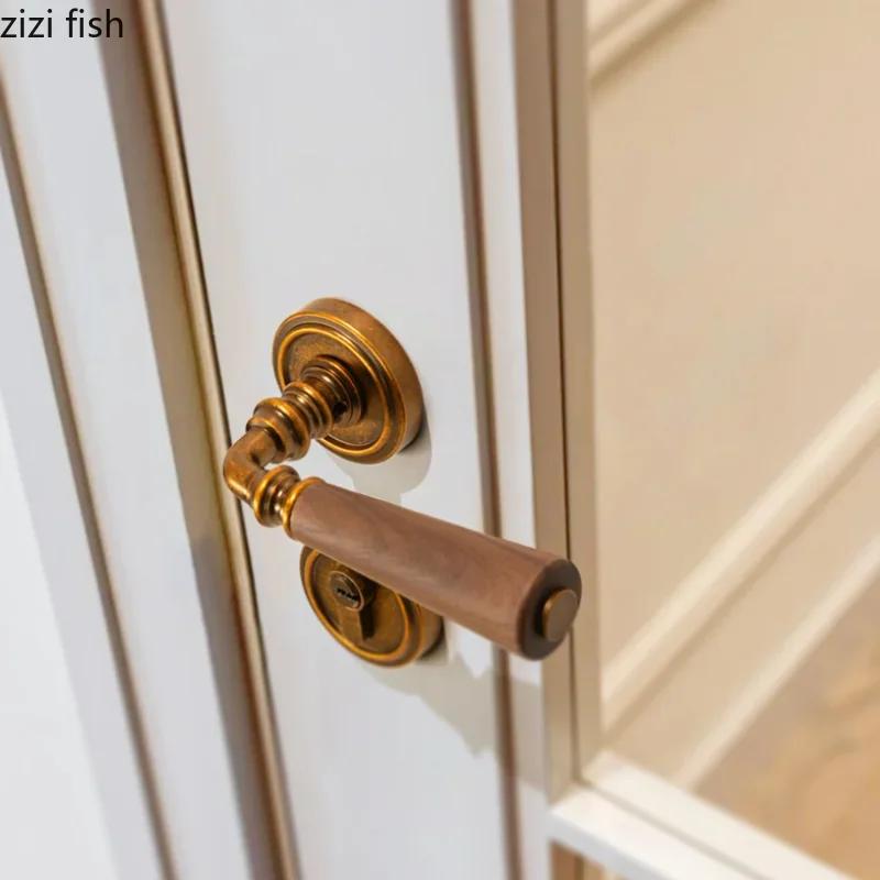Zinc Alloy Door Lock Walnut Wood Handle Room Magnetic Lock Indoor Silent Lock Secure Split Locks Door Hardware Accessories