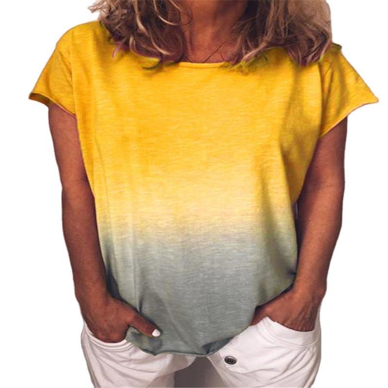 Women's Summer Rainbow Gradient Printed Round Neck Short Sleeve Loose T-shirt
