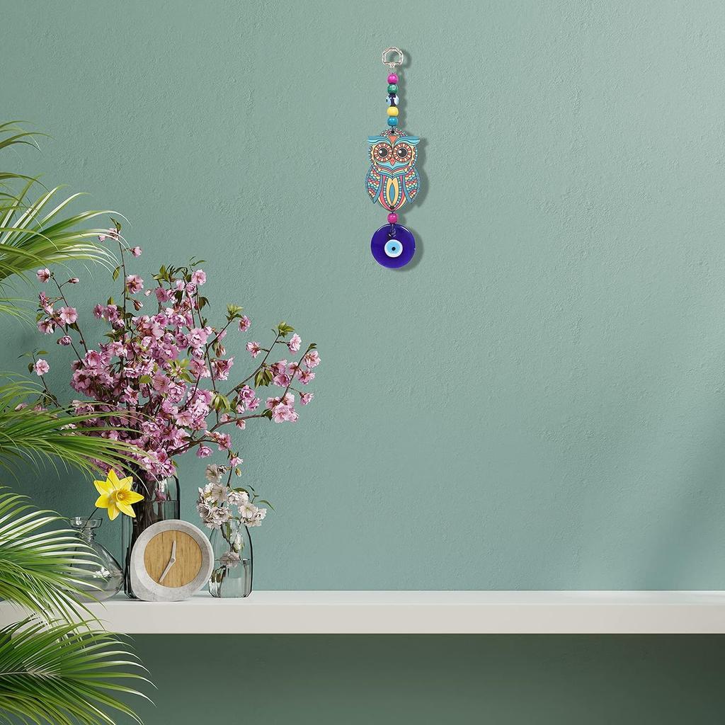 Evil Eye Hanging for Good Luck Prosperity Zodiac Success Health Wealth Office Home Decor & Car (Owl MDF & Glass) (OWLM)