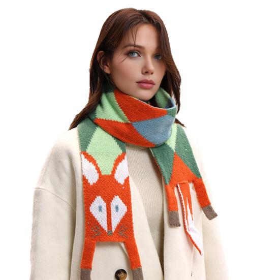 Women Scarf Cartoon Fox Design Faux Cashmere Soft Warm Scarf Autumn Winter Long Scarf Versatile Clothing Accessory
