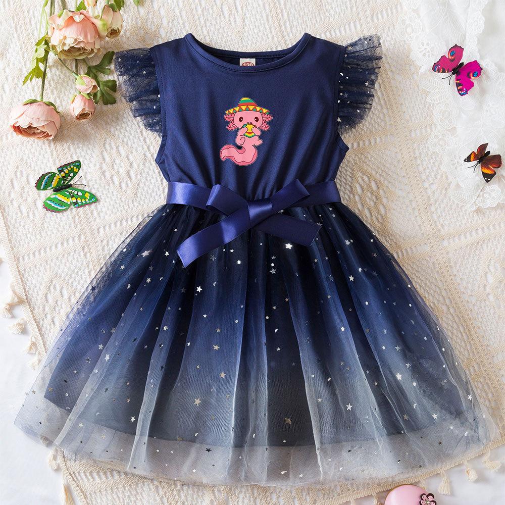 Hexagonal Dragon Princess Dress Butterfly Mesh Tutu Gown Girls Birthday Party Toddler Summer Outfit