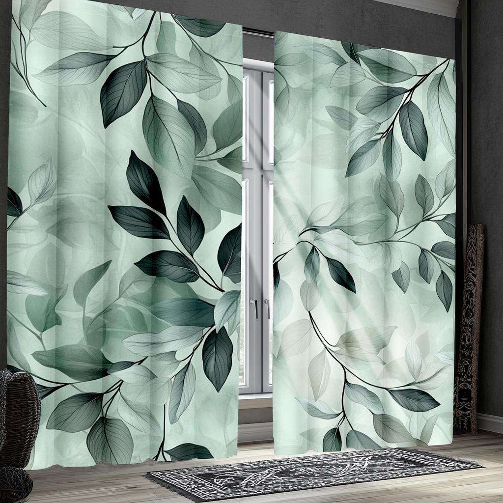 Tropical Green Leaf Pattern Printed Curtains Polyester Fabric Suitable Bedroom Living Room Made Of Machine Washable Decor