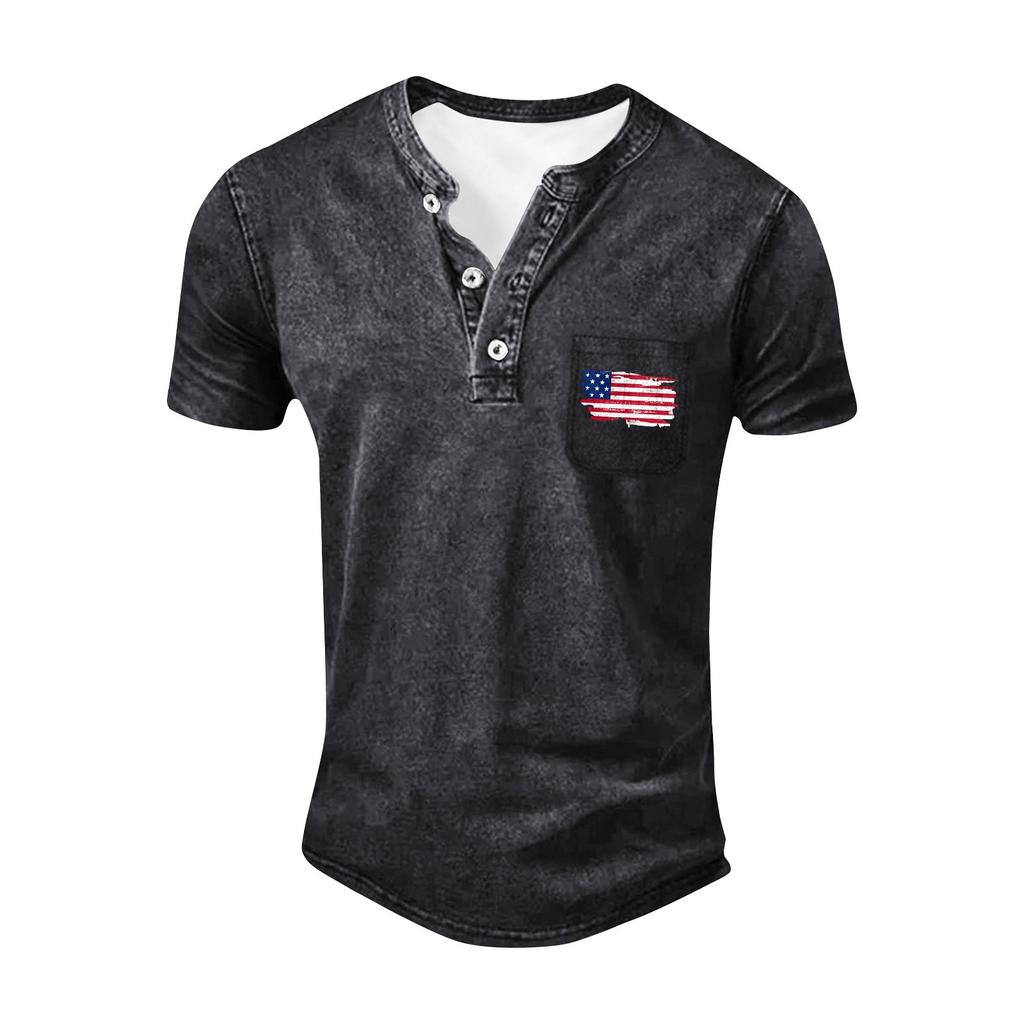Men's Summer Independence Day Pattern Round Neck Short Sleeve T-Shirt Neck Men's All-match Casual Button Shirt