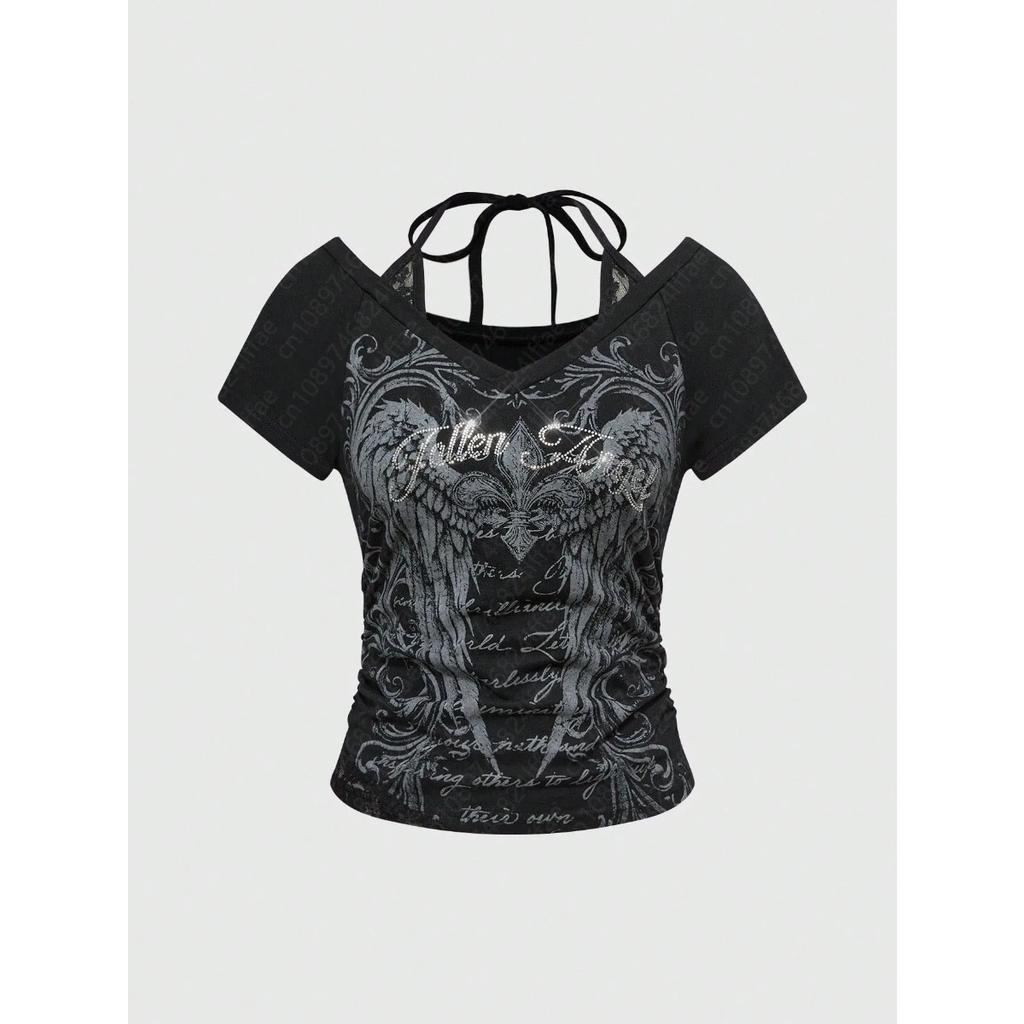 Women's 90s Vintage Punk T-Shirt Streetwear Sexy Short Sleeve Gothic Slim Crop Top Hotgirl Casual Femme Tee Harajuku Y2k