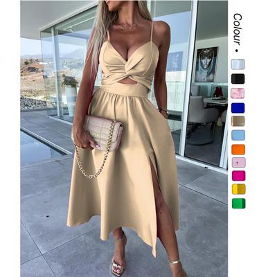 Sommermode Socialite Tiefes V Spaghettiträger Abendkleid mit Großem Rockschlitz