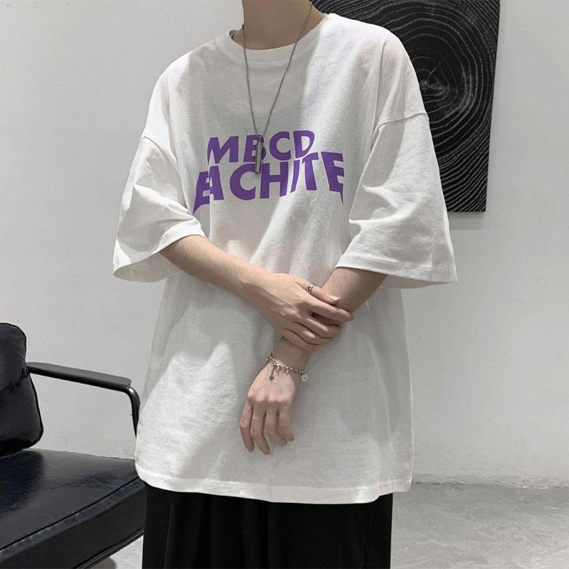Fashionable Letter Printed T-shirts Summer Korean Short Sleeve Men's Clothing Young Style Casual Round Neck Chic Loose Pullovers