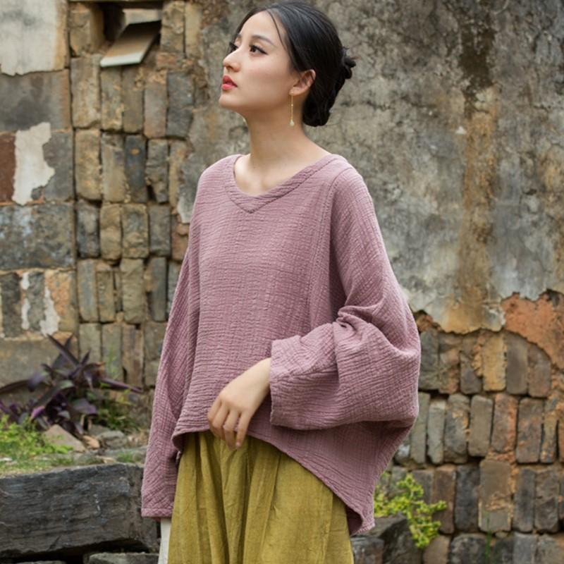 

Johnature Женские винтажные футболки с рукавами летучая мышь, однотонные, с V-образным вырезом, весенние, свободные, мягкие, в китайском стиле One Size светло-фиолетовый