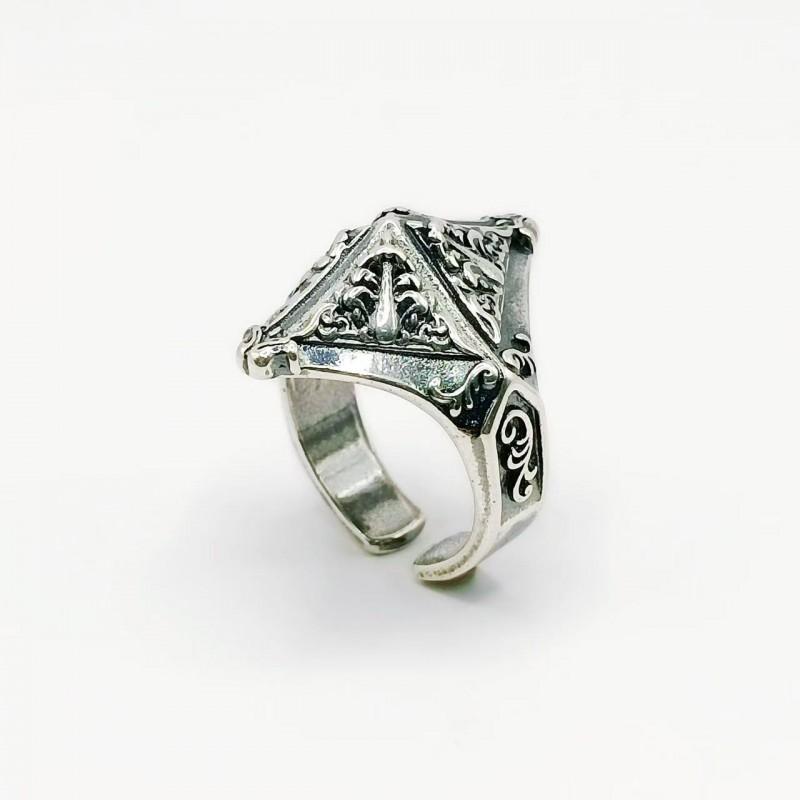 Adjustable Open Ring Men Women Vintage Geometric Pyramid Design Oxidized Brass With Gold Plating Retro Chic Jewelry