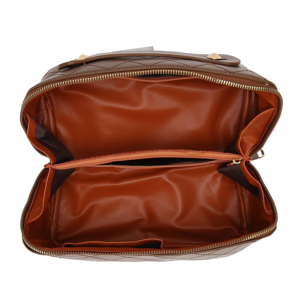 PU Leather Makeup Bag Large Opening Prevent Deformation Hardness Travel Cosmetic Bag with Handle for Cell Phone Brown