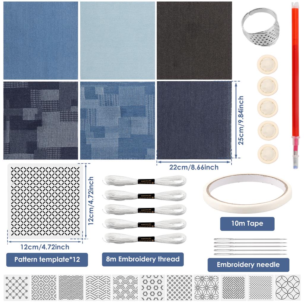 12Pcs Sashiko Stencils Kit Complete Sashiko Thread and Needles Thimble Set Denim Fabric Embroidery Kit for Beginners Quilting