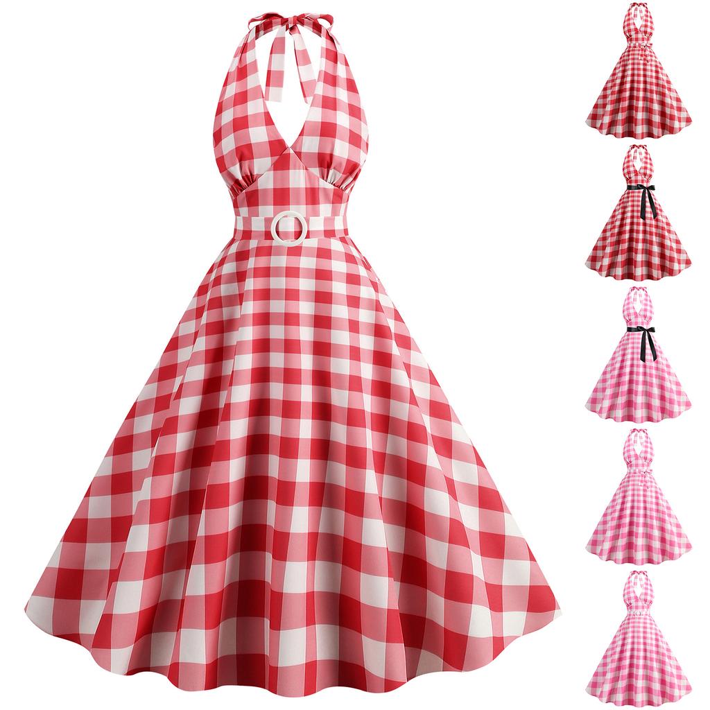 Women's Retro Hepburn-Style Dress With Patchwork Plaid Hem And Large Skirt