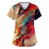 Women's Print V-Neck Short Sleeve Scrub Top with Double Pockets and Side Slits - Comfortable Caregiver Uniform for Daily Work