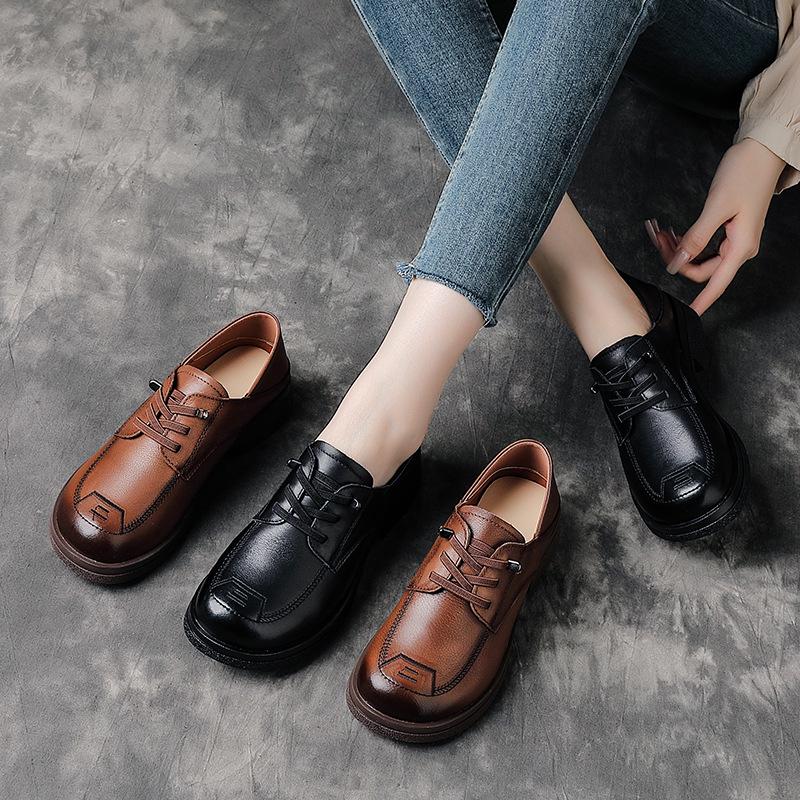 British Style Medium Heel Cowhide Loafers - Retro Round Toe Women's Leather Shoes