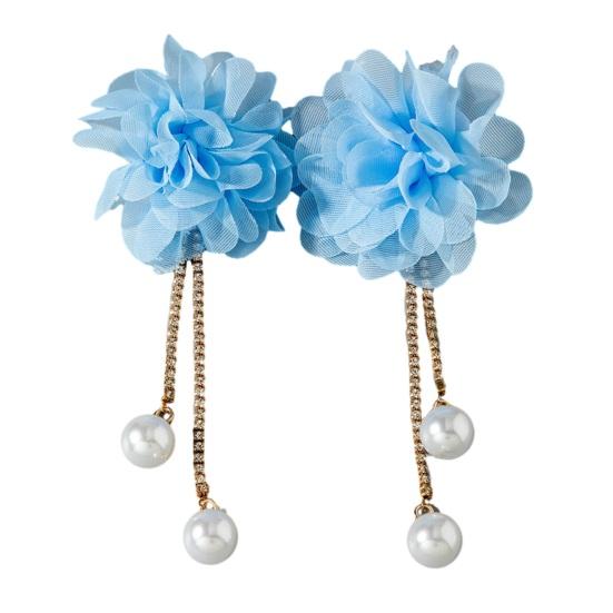 Large Fabric Flower Earrings Boho Dangle Drop Earrings Faux Pearl Long Rhinestone Tassel Earrings for Holiday синий