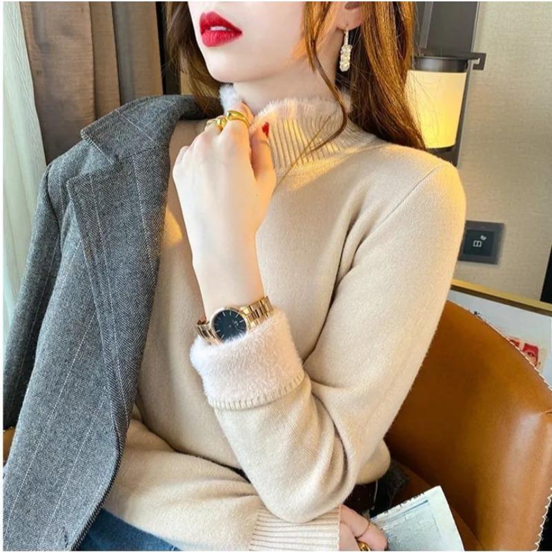 Winter Female Plush Sweater Women Half High Collar Long Sleeved Thickened Velvet To Keep Warm Knitwear Lady Versatile Solid Color Basic Pullover