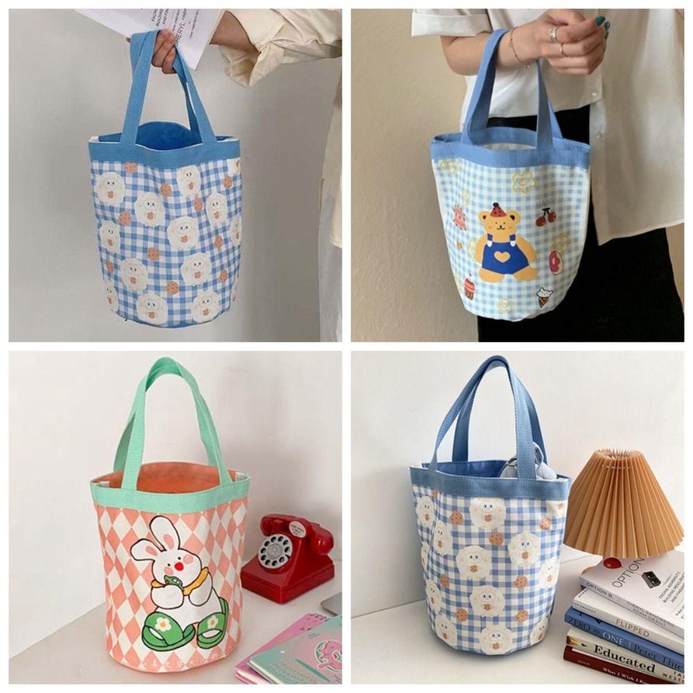 

Sheep Cartoon Animal Tote Bag Bear Plaid Print Handbag Elegant Canvas Rabbit Bucket Bag Outdoor