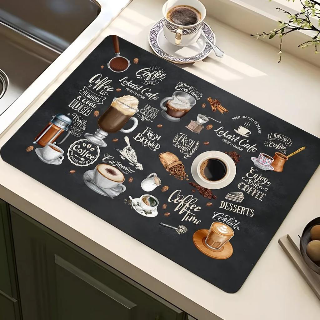 Classic Coffee Design Dish Drying Mat Soft Rubber Non Slip Absorbent Polyester Stain Resistant for Kitchen Coffee Bar Countertop
