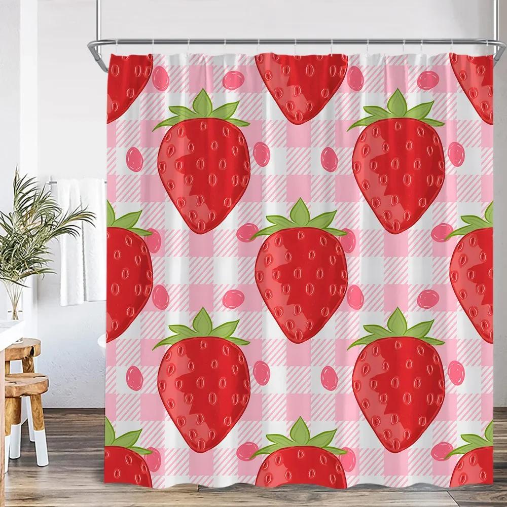 Summer Pink Fruit Shower Curtain Strawberry Cherry Peach Watermelon Shower Curtain Girl Woman Polyester Bathtub Decoration