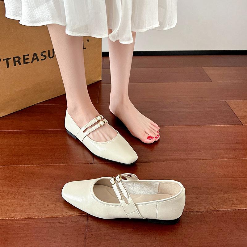 Spring and summer new high-end retro square head shallow mouth single shoes women's soft leather thick heel late evening wind Mary Jane shoes