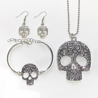 Exquisite Vintage Skull Pendant Necklace & Earrings & Bracelet Jewelry Set, Punk Gothic Ornament