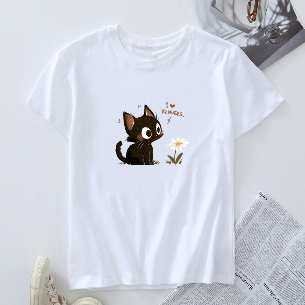 Women's Cotton T-shirt Fashion Kawaii Harajuku Cat Graphic T Shirts Summer Short Sleeve Female Tee Tops Woman Tshirt Clothing