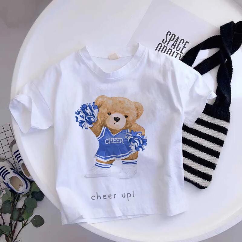 Girls Fashionable Pure Cotton TShirt with Teddy Bear Cartoon Pattern Summer Clothing Fun Childrens Wear Y2K Style