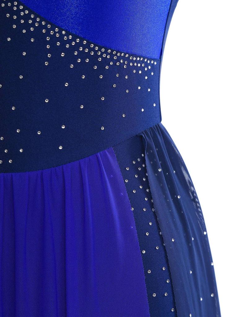 Womens Figure Skating Leotard Sparkle Rhinestone Irregular Hem One Piece Bodysuit Dress Ballet Latin Dance Costume
