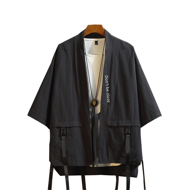 Japanese-Style Oversized Taoist Robe: Summer Embroidered Ribbon Hip-Hop Shirt with Three-Quarter Sleeves