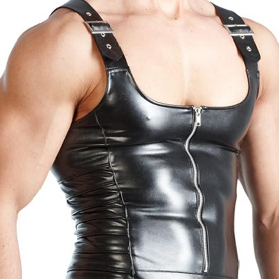 Sexy Men Sleeveless Open Crotch Faux Leather Zipper Bodysuit Shorts Jumpsuit