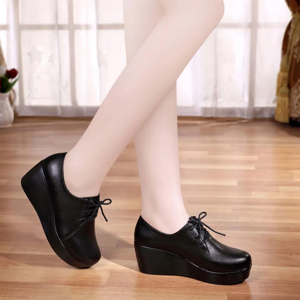 Round Head Deep Mouth Lace-up Four Seasons Trend Wedge Shoes Comfortable Non-slip Work Dancing Casual Women's Shoes