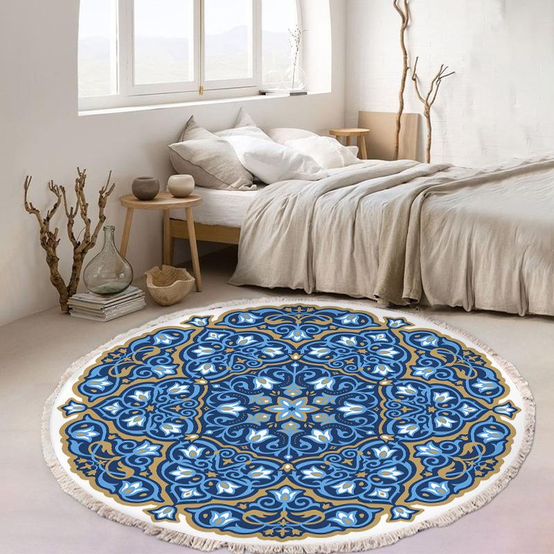 Nordic Cotton and Linen Home Leisure Non-slip Fringed Printed Round Carpet Living Room Floor Mat Bedroom Bedside Blanket