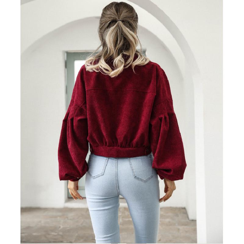 European and American Style Autumn Winter Casual Corduroy Jacket with Lantern Sleeves and Single Breasted Short Coat for Women