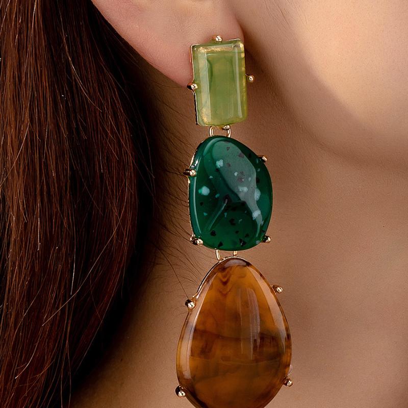 Geometric Resin Splicing Pendant Earrings for Women Ladies Classic Vintage Long Waterdrop Shaped Earrings Jewelry Accessories