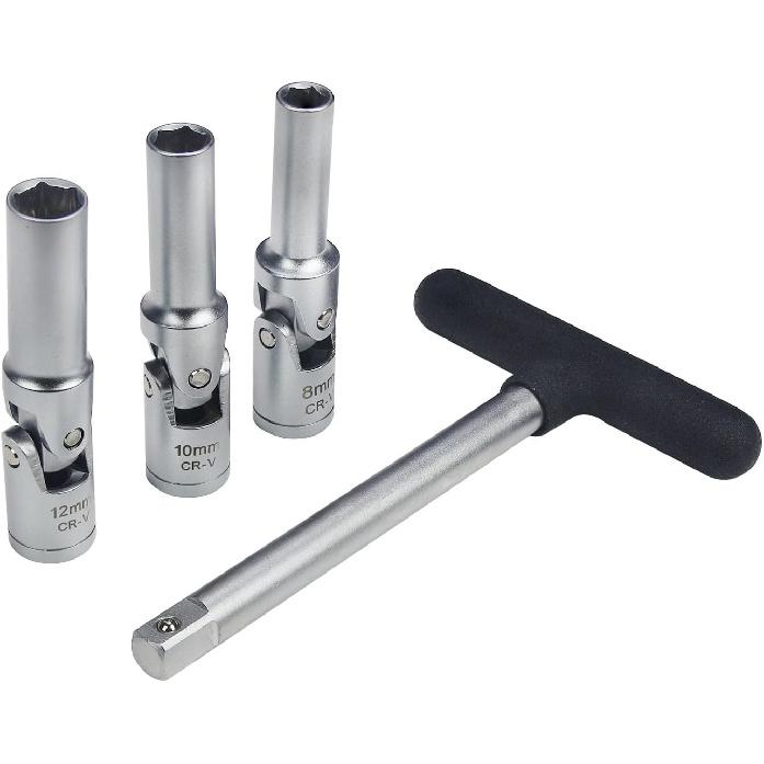 4 Piece Glow Plug Socket Set With 3/8  Dr T-Bar, Glow Plug Sizes (8Mm, 10Mm, 12Mm) Ideal Broken Glow Plug Removal Tool