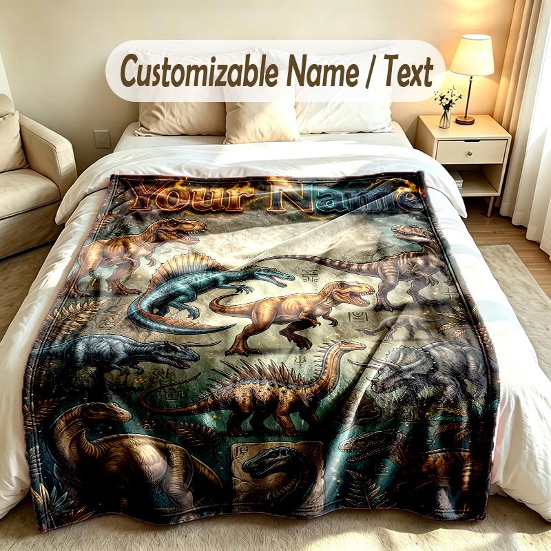 Dinosaur Theme Custom Blanket Personalized Name & Text Customized Soft Warm Throw Blanket Home Decor