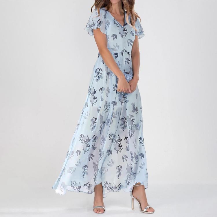 Elegante Lässige Blumen-Maxikleider für Damen Sommer Hochzeitsgast Chiffon Fließend Kurzarm Niedliche Kleider