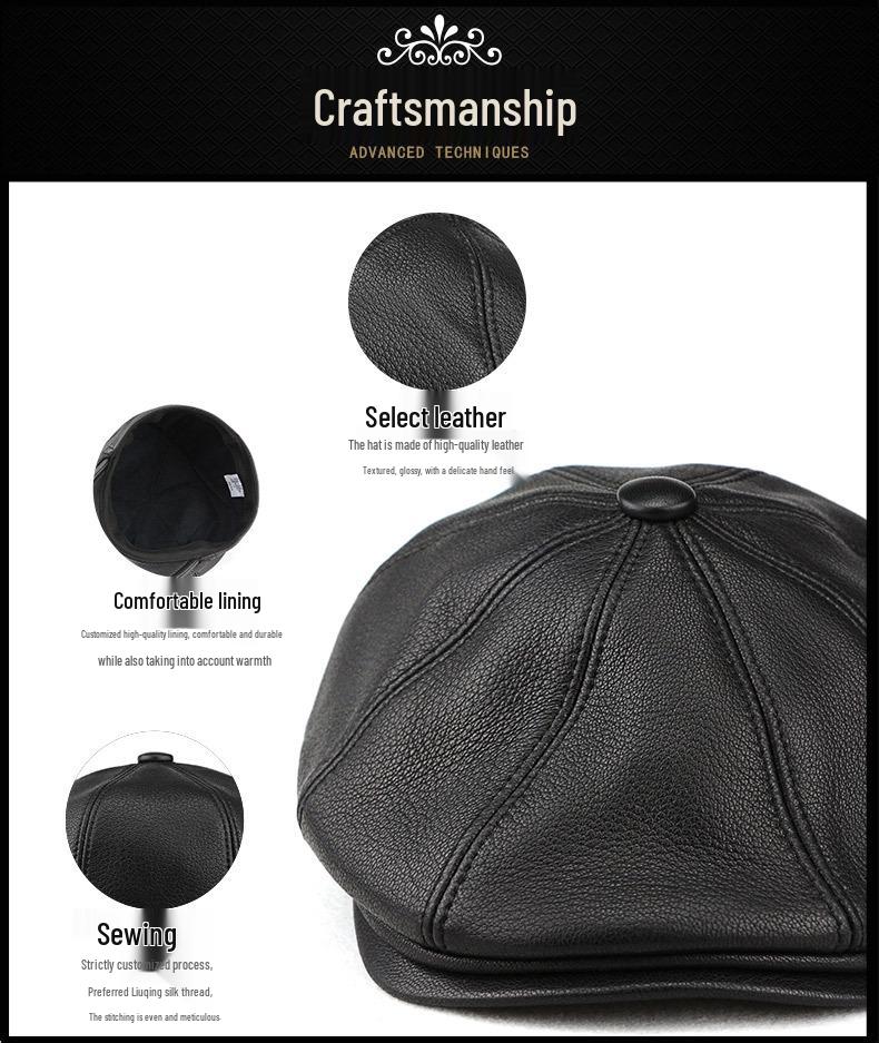 Men's Genuine Leather Retro Octagonal Beret – Autumn/Winter Cowhide Hat