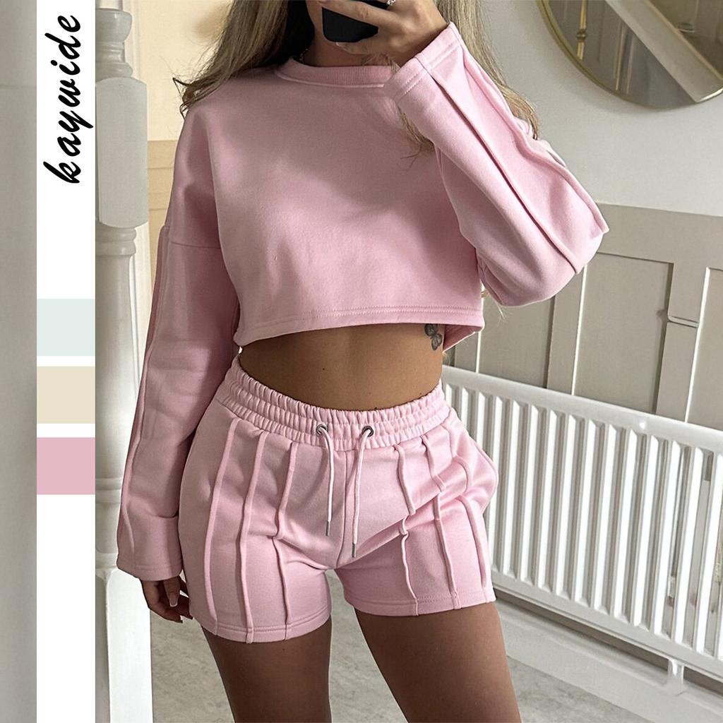 Dam 2-delade Outfits Rosa Croppad Topp Långärmad Tröja Högmidjade Shorts Loungewear Set