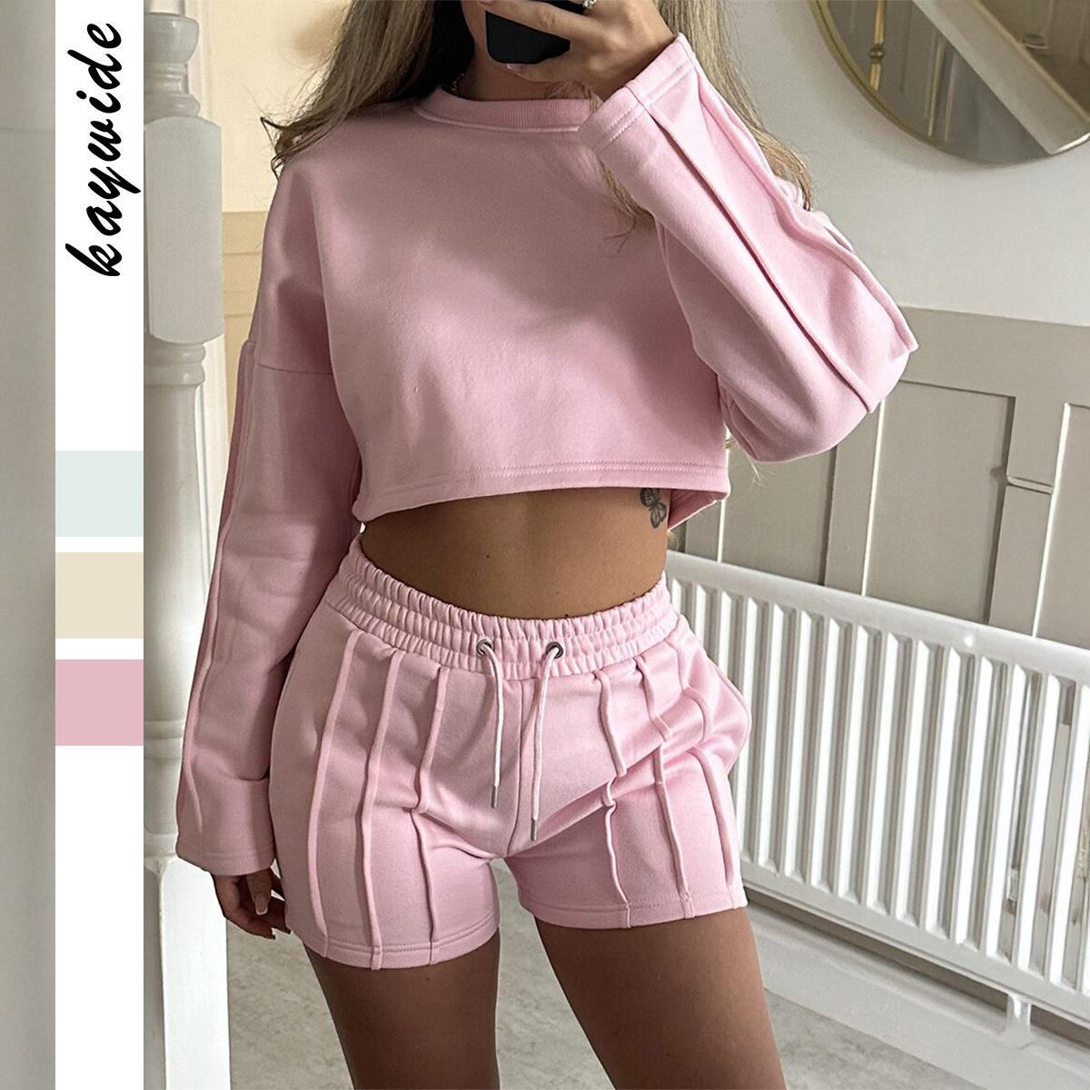 

Women 2 Piece Outfits Pink Crop Top Long Sleeve Sweatshirt High Waist Shorts Loungewear Set S рожевий