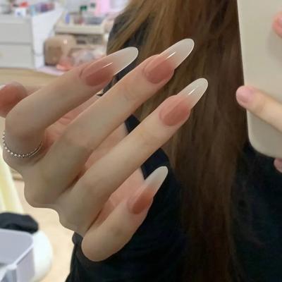 24PCS Unhas Postiças Simples Nude Gradiente Francesas Moda Brilhante Longas Ovais Unhas Falsas para Mulheres Acrílico Usável Dicas de Unhas Ferramentas