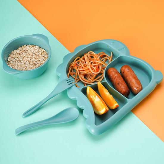4Pcs/Set Dinner Plate Dinosaur-Shaped Divided Plate Including Bowl Spoon Fork Ergonomic Baby Feeding Utensils Easy to Clean Safe for Kids