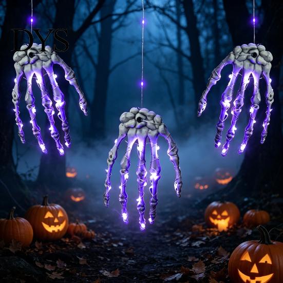 Battery Operated Party Ornaments Halloween Skeleton Hand Hanging Lights, Purple LED Light Up Claw Glowing Ghostly Lamps Lantern, Spooky Atmosphere