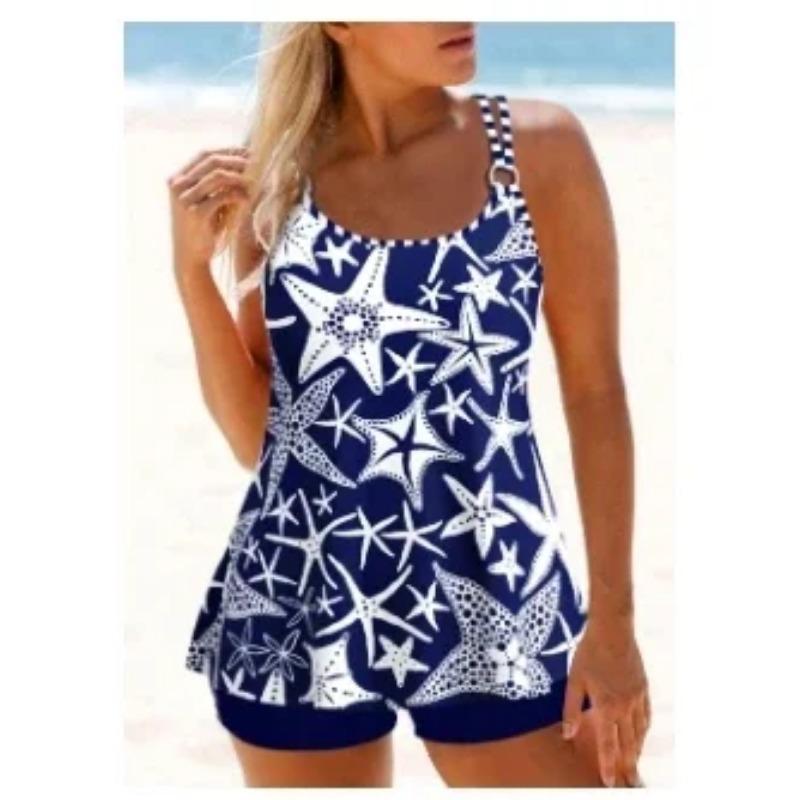 Women's Summer Fashion Beachwear Swimwear White Petunia Print Tankini Swimsuit Two Piece Bikini Set Swimwear S-6XL