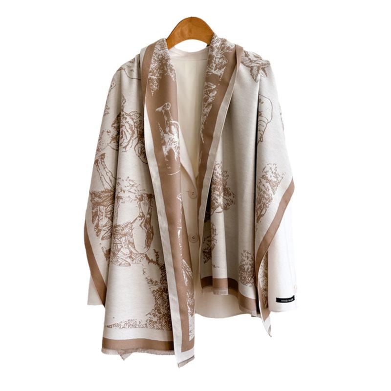 Retro Double-Sided Printing Imitation Cashmere Women'S Scarf Winter Fashion High Temperament Thickened Warm Versatile Shawl