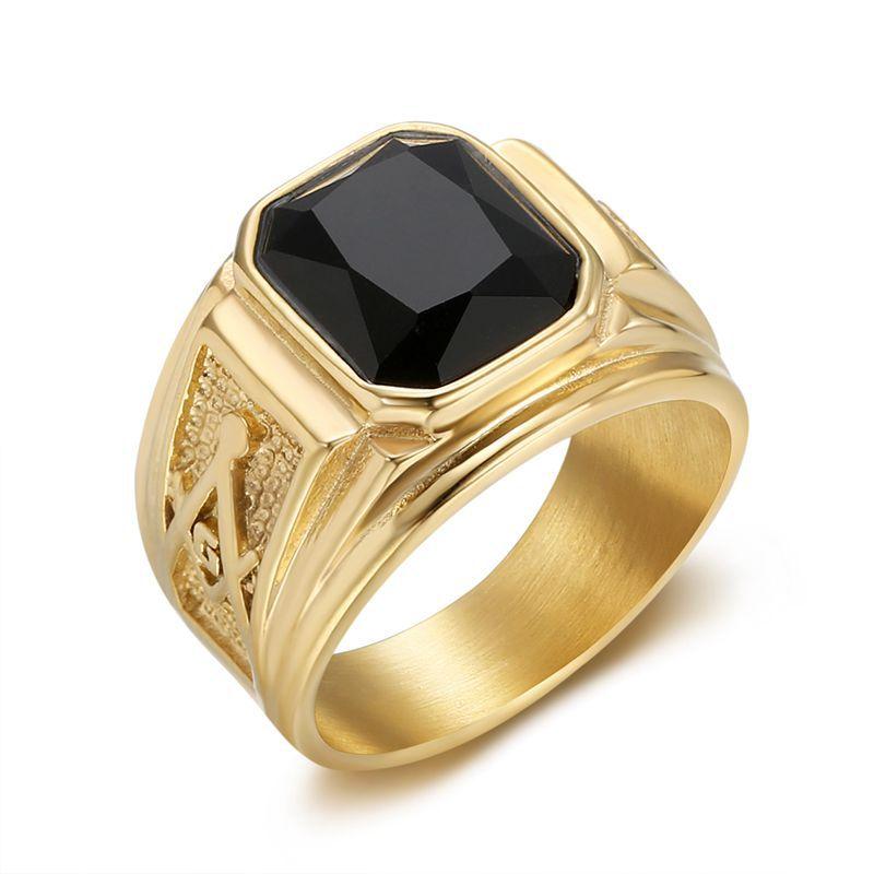 

Мужское ретро кольцо из нержавеющей стали с черным стеклом, масонское, панк-украшение US size 13 золотой