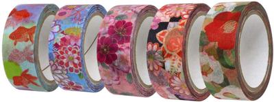 Kamiiso Japanese Washi Masking Kimono Set Double Cherry Checkered 15mm Wide X 7m Japanese Pattern Design Tape, Beauty, 5-Roll (Bell, Blossom,