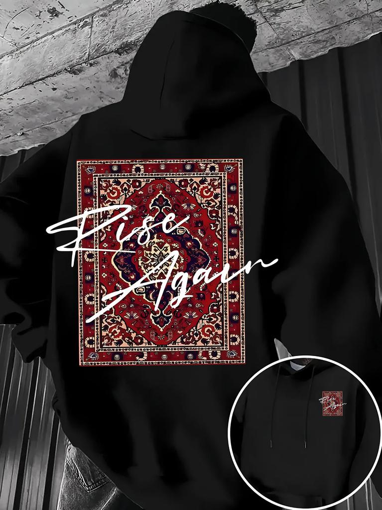 Loose-fitting men's hooded sweatshirt, warm for autumn and winter, retro ethnic print, outdoor sports shirt