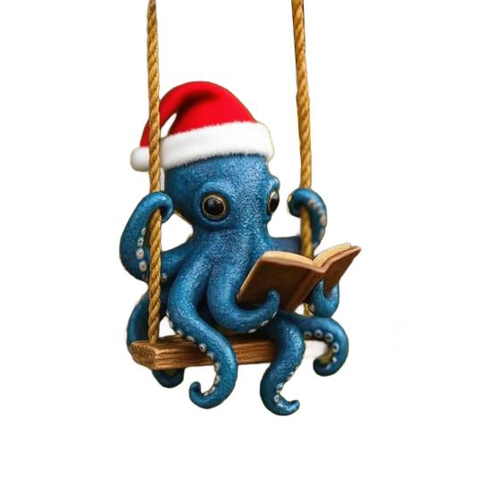 Octopus Reading Ornament Blue Octopus Reading Swing Ornament Sea Creature Christmas Tree Hanging Decor Squid Art Collection Gifts for Ocean Lovers